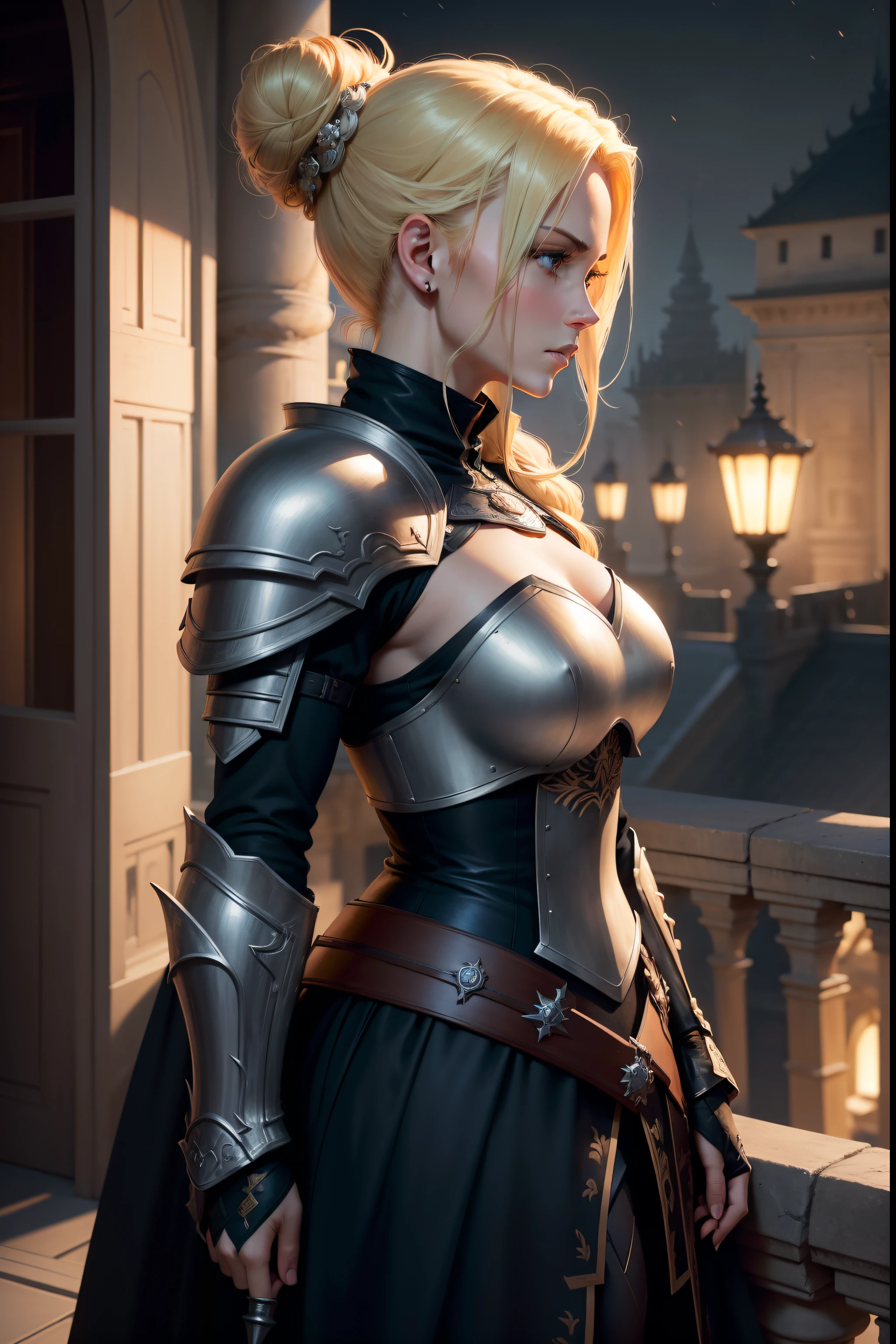 8k realistic image of a beautiful woman, with light and extremely detailed eyes, blonde hair tied in a bun, Dressed in black RPG Warrior clothes and shoulder pads, serious expression, an external balcony of a royal palace, Night, anime style art, image in profile