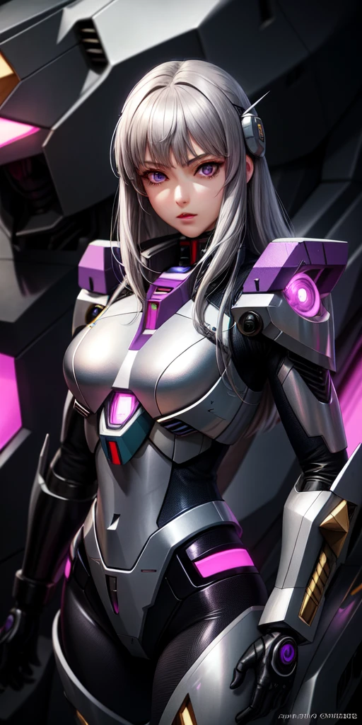 Realistic, girl one, gray hair, purple eyes, shining eyes, mecha suit, gundam, metallic, intricate details, detailed neon, parted lips,