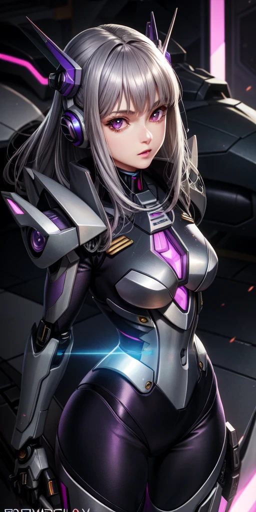 Realistic, girl one, gray hair, purple eyes, shining eyes, mecha suit, gundam, metallic, intricate details, detailed neon, parted lips,