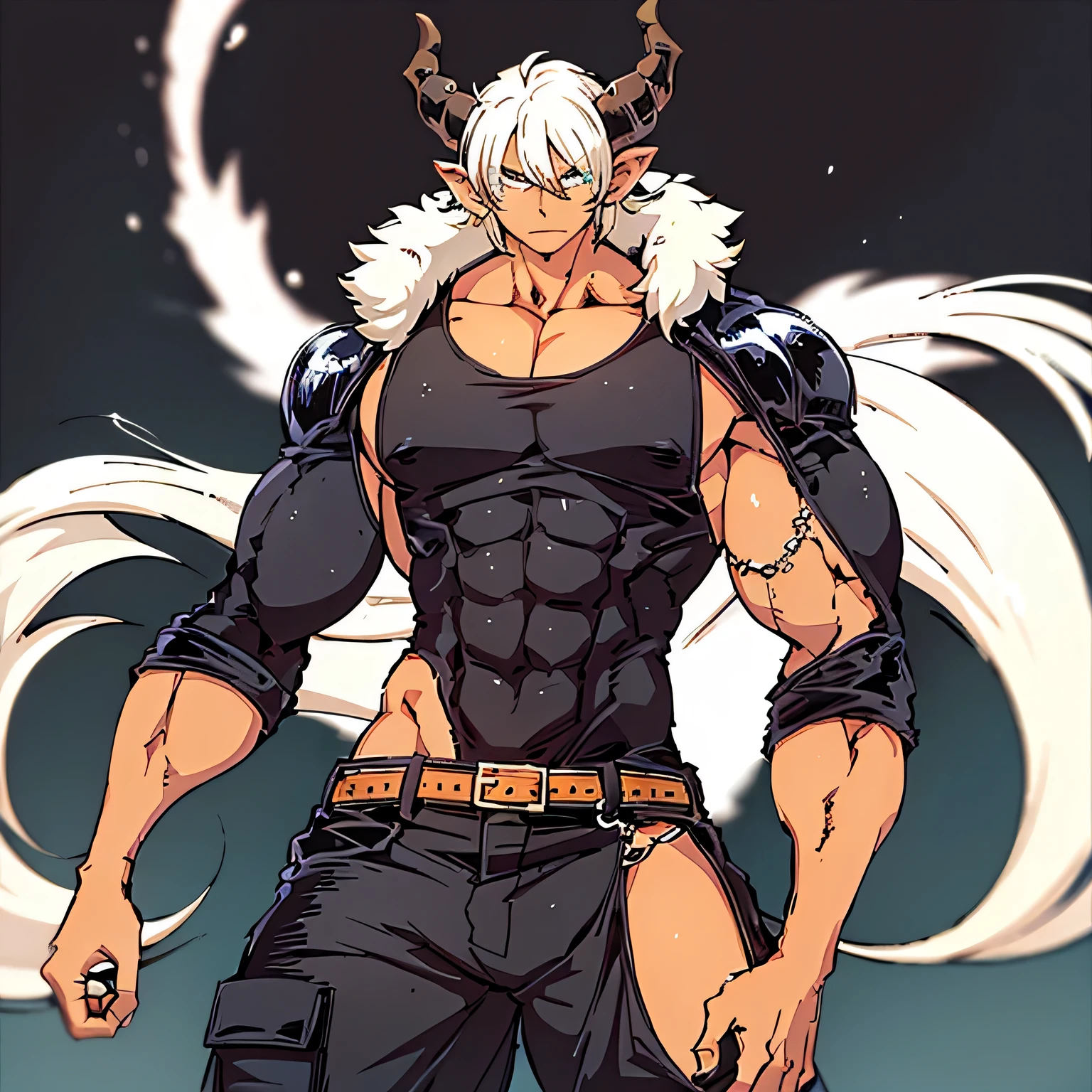 solo boy, toned muscular draconic male guy,  tanned skin with ((white messy long wavy hair)), hair covering eyes, (black crystal antlers), pointy ears, khaenri ah abyss, nibelung fused with nidhoggr and sun wukong, abyssal power, dragon sovereign, tired, ((black scales on skin)), hair covering eyes, baggy harem pants,  turtleneck tanktop,  coat, (dragon tail), gradient skin from pitch-black to tanned, anemo, pyro, geo, hydro, cryo, dendro, electro