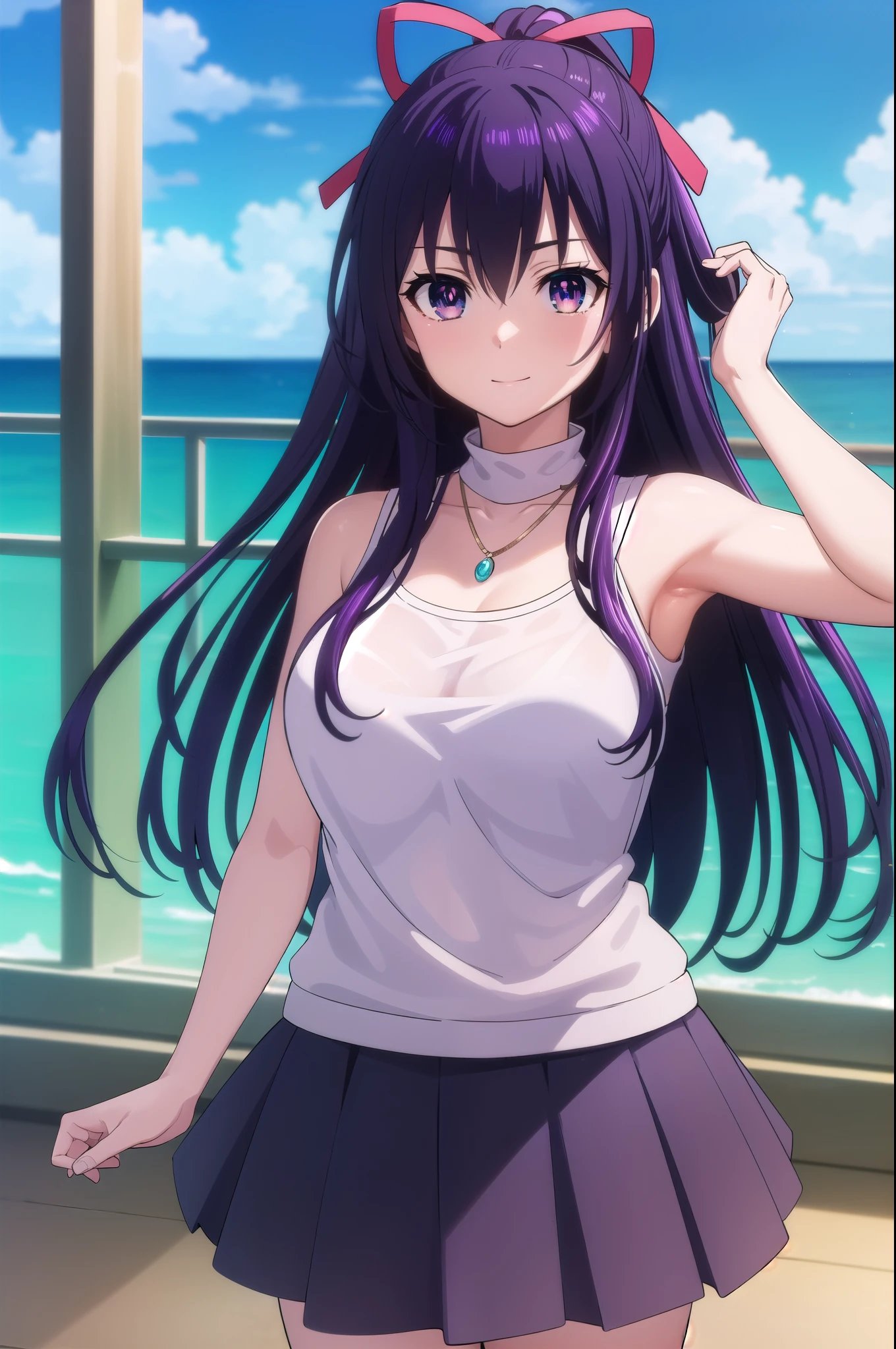 tohkayatogami, tohka yatogami casual, long hair, purple hair, alluringly smile, sleeveless top, soft pink colour ,see through shirt, armpits , necklace, turtle neck, ribbon , (purple eyes:1.1), hair ribbon, ponytail, purple hair, white ribbon,g cup breasts, plump ass, pensil skirt, short skirt, tight skirt, lifting both hand on air, living room,
BREAK ,
BREAK outdoors, city, people, crowd, sky, clouds, sun, blue sky,
BREAK looking at viewer, (cowboy shot:1.5),
BREAK (masterpiece:1.2), best quality, high resolution, unity 8k wallpaper, (illustration:0.8), (beautiful detailed eyes:1.6), extremely detailed face, perfect lighting, extremely detailed CG, (perfect hands, perfect anatomy),