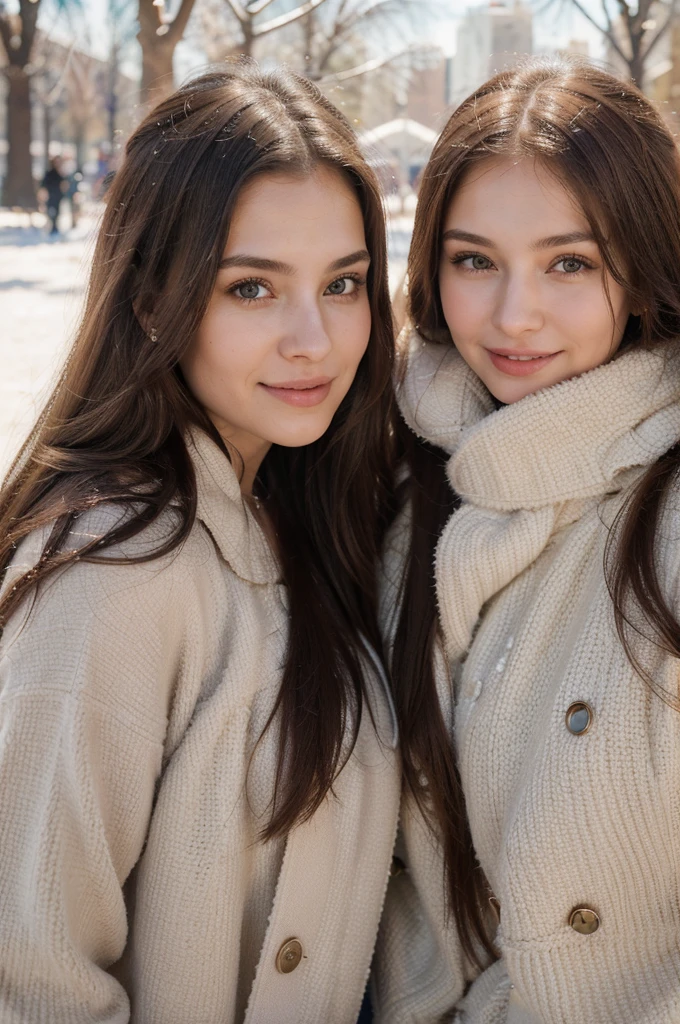 Professional photograph, best quality, 8K, hyper detailed, half body, A close up portrait of two gorgeous, beautiful, wonderful women, argentinian and russian females together posing for the camera, both women have super long hair, argentinian girl has dark brown hair and russian girl has light brown hair, the both of them are wearing winter outfits, both girls are wearing leather jackets. Both women are wonderful, dream, ethereal, timeless, majestic beauties from Argentina and Russia, hispanic and slavic dream beauties who comes to the hearts. They're glad, smiling and enjoying a day at park in winter. True friendship, they're posing happy for the camera.
