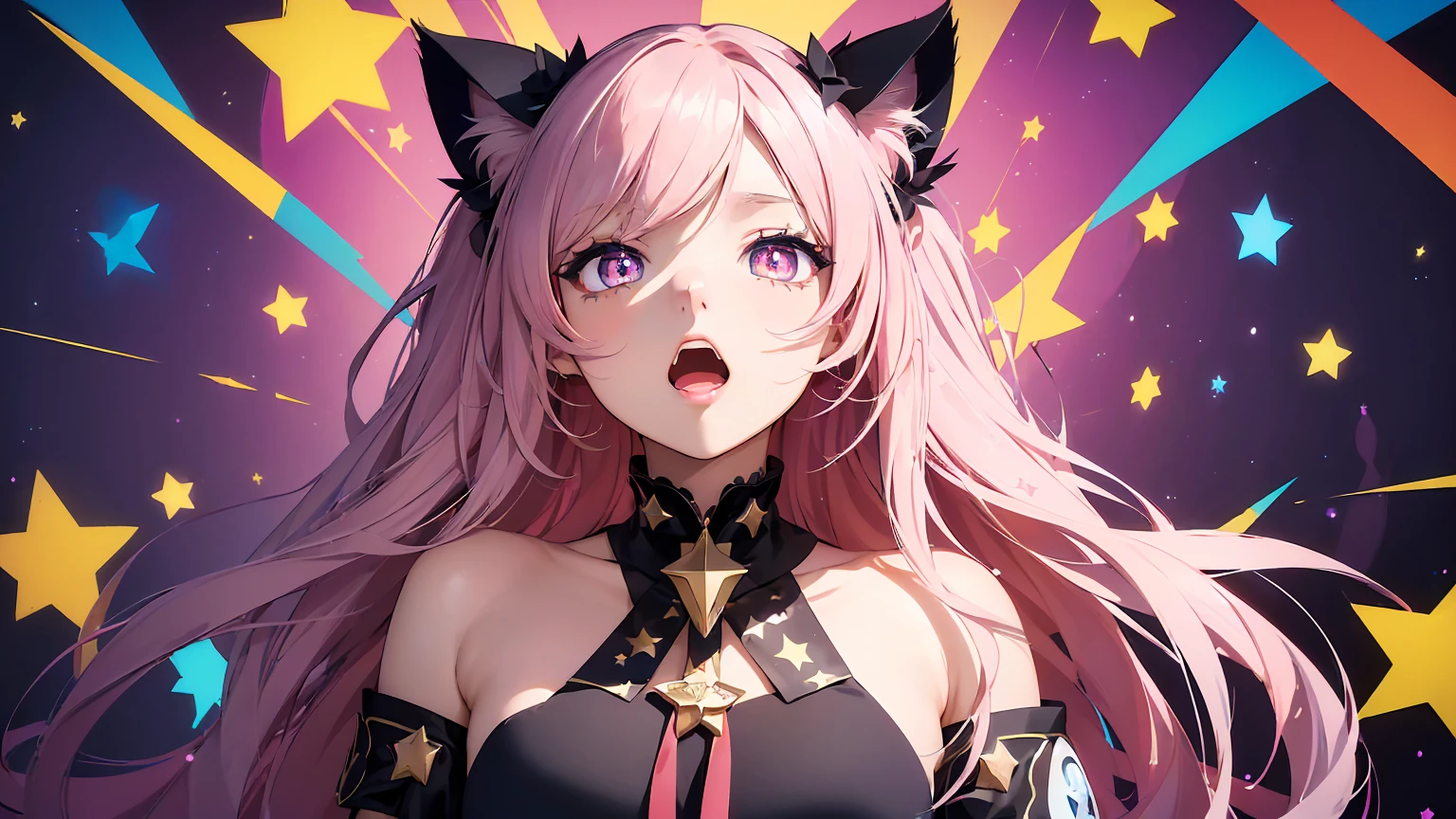 (masterpiece, best quality), ((1 girl, (adult) long hair), (star shaped pupils, +_+, Symbol shaped pupils, Bright Eyes), (cat ears, open mouth)), (looking at the audience, faint smile, Off the shoulders), (Abstract, colorful background, Abstract background, Color difference),