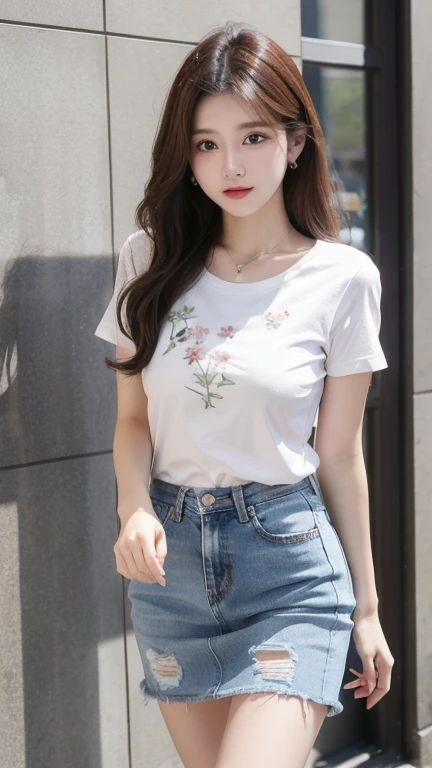 white thin flower pattern T-shirt ,  Jeans skirt , medium breast , long hair