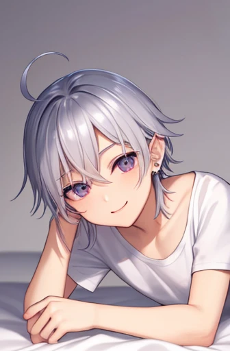cheeky handsome boy silver hair piercings in both ears Short sleeve shorts illustration style Slender body naughty smile lying down