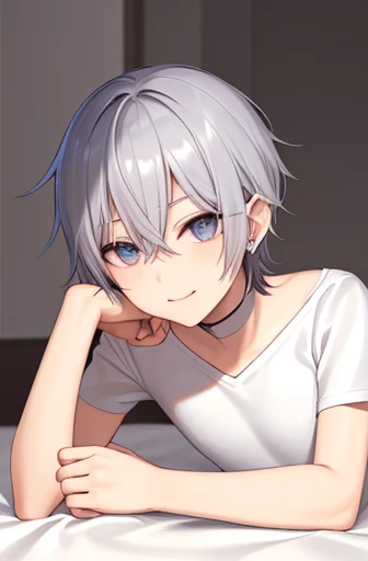 cheeky handsome boy　silver hair　piercings in both ears　Short sleeve shorts　illustration style　Slender body　naughty smile　lying down