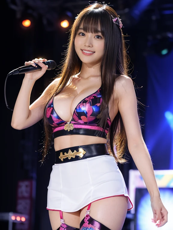Raw photo、A girl stands on a large raised stage、big breasts、concert venue、singing and dancing)bright smile(17 year old girl、small face、very beautiful face、idol makeup)(((super fair skin、Whitening skin、pure white skin))) realistic skin(sparkling eyes)big breasts、thin waist、long legs、big ass (red hair、long straight hair、hair behind ears、beautiful hair、smooth hair)She performs a solo on stage(((Kunoichi、Ninja costume with detailed, beautiful and colorful patterns、超big breasts))))Ninja house background((The atmosphere is colorful concert lights,Upper Light、 Create a seductive glow around her))Her adorable look、shot from below、full body description