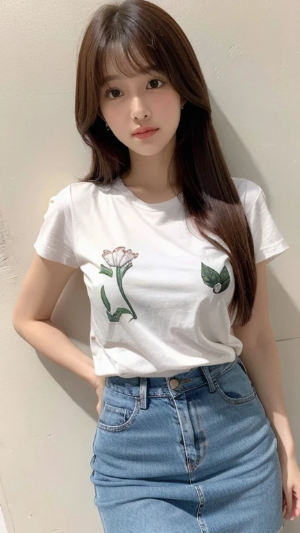 white thin flower pattern T-shirt , long Jeans pants , big breast , long hair