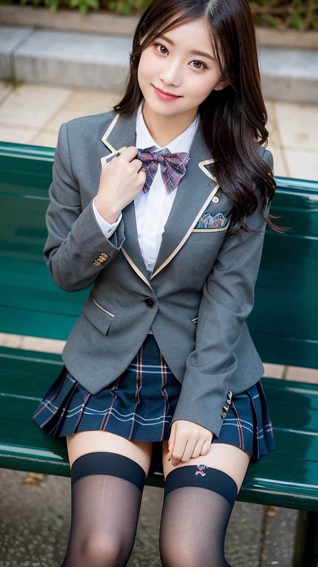 (8K), (highest quality: 1.2), (realistic), (realistic: 1.37), ultra high resolution, 1 girl, cute, smile, closed mouth, beautiful details, beautiful nose, wet hair, red lip,One-point piercing,giant dulcefo, pork, thighs,self snap,University Student Uniform,sunny day,I can see the sea,sit on a bench,cross your legs,look down,From above,(A simple dark grey blazer 1),(dark gray pleated skirt),(dark blue bow tie),(The pattern of the skirt is a tartan check pattern....:1.3),濡れたthighs,knee high tights,(thighsにクローズアップ1.2)
