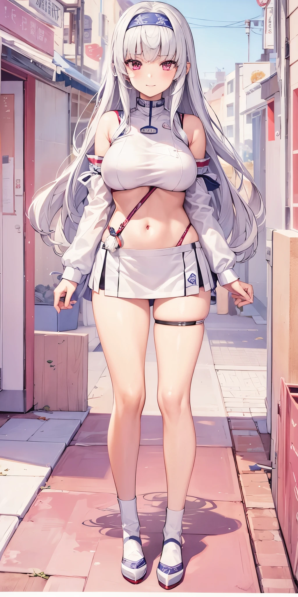 1 girl, alone, breast, looking at the audience, short hair, skirt, large breast, Keep, permanent, purple eyes, gray hair, Headband, boots, miniskirt, armpit, official alternate costume, crop top, perspective, Lower chest, white footwear, permanent on one leg, Cheerleading长, Pom Pom \(Cheerleading\), Keep Pom Poms, stadium, Steamed bun \(Azure Lane\)