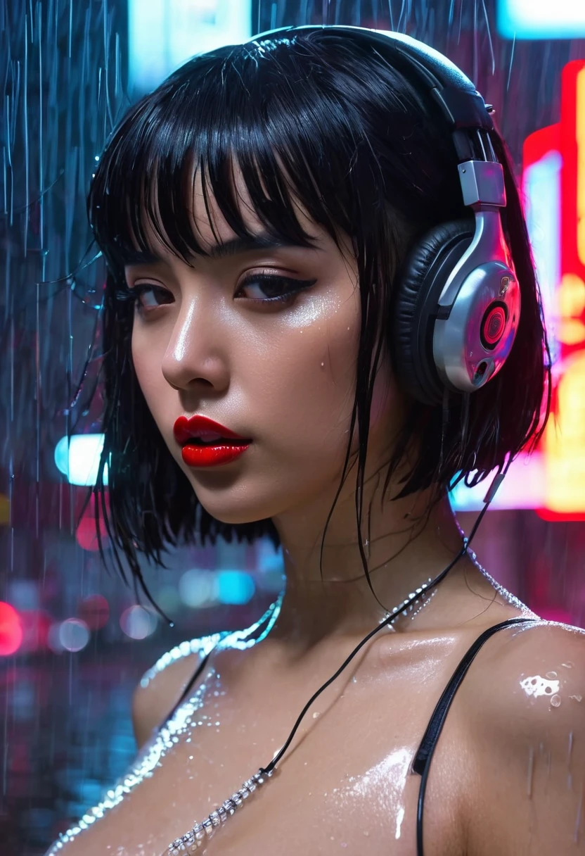 1 nude girl, bangs, black hair, brown eyes, fashi-girl, bob cut, long hair, neckline, collarbone, lock, cyberpunk, neon lights, small breasts, shiny skin, rain, water drop, badass, seductive,musume lock,ghost in shell,red lips,looking to the side,mouth closed,headphones,cinematic lighting