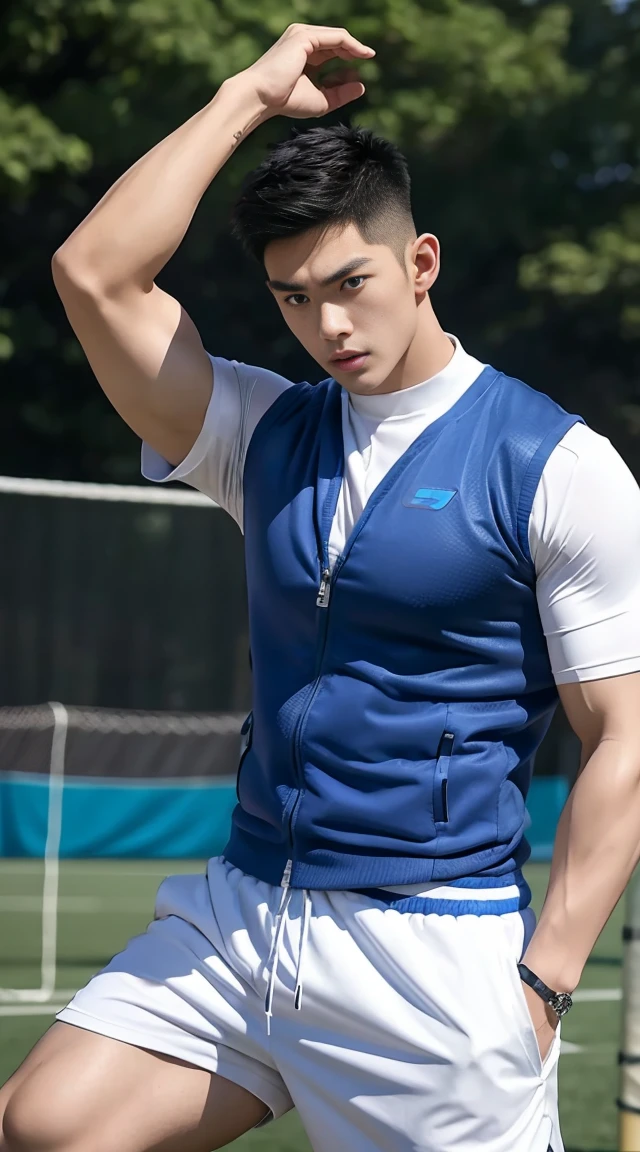 asian male model, big muscles, Full chest muscles,Sexy and charming expression,blue eyes,Handsome, cool, Hair combed smoothly, piercing ears, Wear a loose-fitting vest,sports Shorts,Big bag highlights, image, modeling, dynamic poses, Tsinghua University Campus, China, on the sports field,Many students are exercising,Perfect hand details
