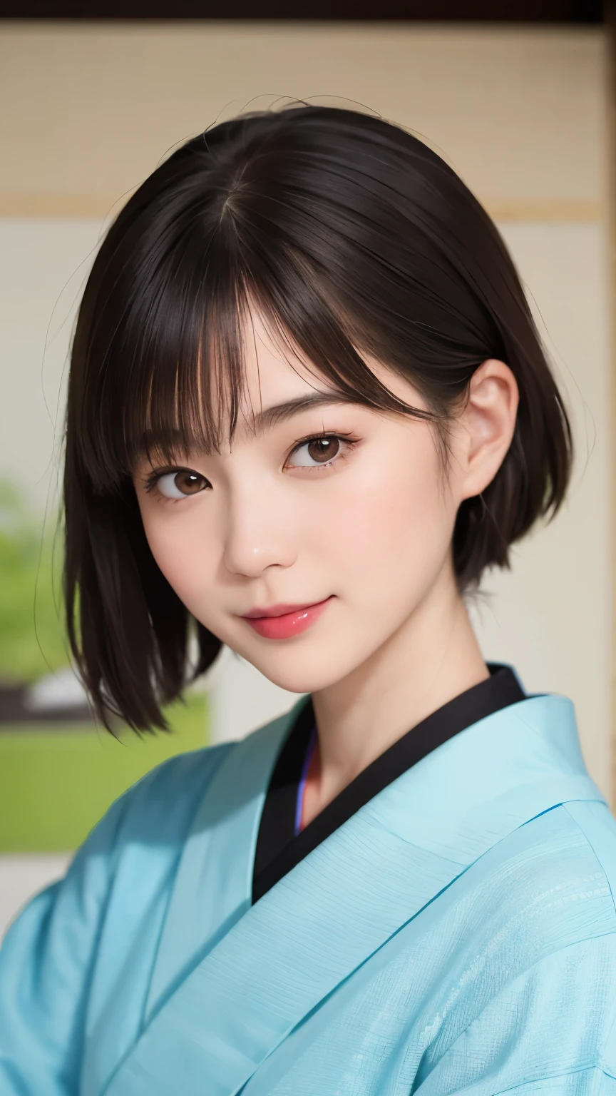198 (snapdd00-Fp16), Japanese painting, woman, gentle smile, lipstick, short hair, Paintings by Shoen Uemura, Japanese style room, japanese architecture, Japanese garden