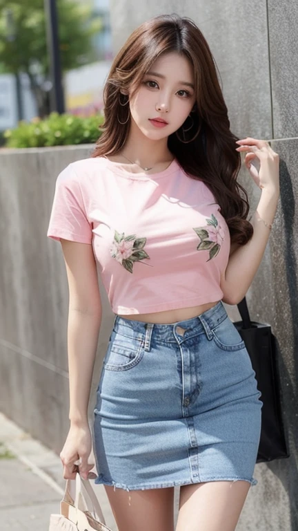 pink thin flower pattern T-shirt , Jeans skirt  , big breast , long hair