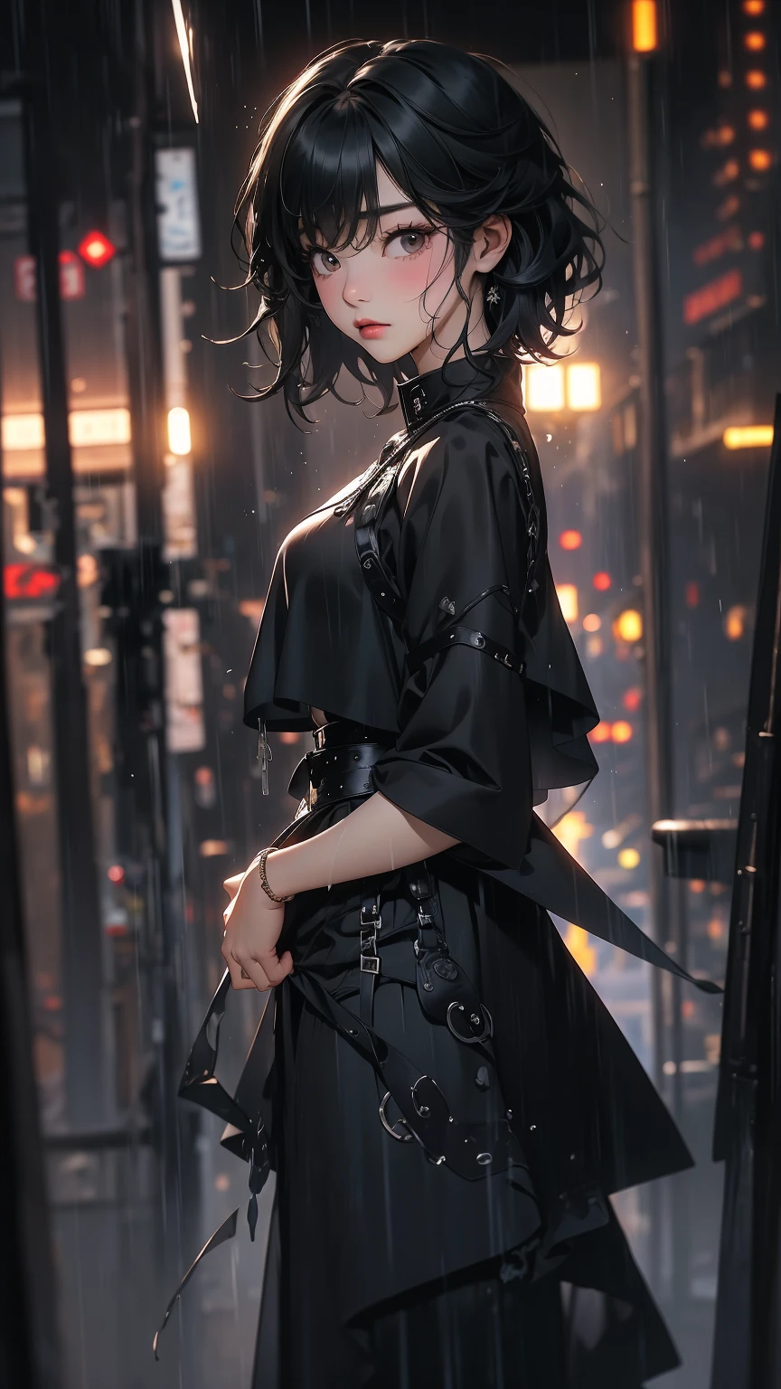 ((Highly detailed CG unit 8k wallpaper, masterpiece, High resolution, highest quality, highest qualityのリアルテクスチャスキン)), ((Hands in pockets pose:1.5, Fashion model posing with her back turned:1.2, A cool NY fashion girl influenced by nostalgic and inorganic mode fashion., detailed costume:1.2, Black complex lace layered maxi skirt and rider jacket combination:1.3, Monotone fashion, short hair, Nana Komatsu, hair wet with rainwater:1.3)), ((blurred background:1.2, An empty back alley with black and white graffiti art, Rain-soaked road surface)), ((Angle from above:1.3, Fisheye Shot:1.5)), hyper realistic, digital painting, concept art,