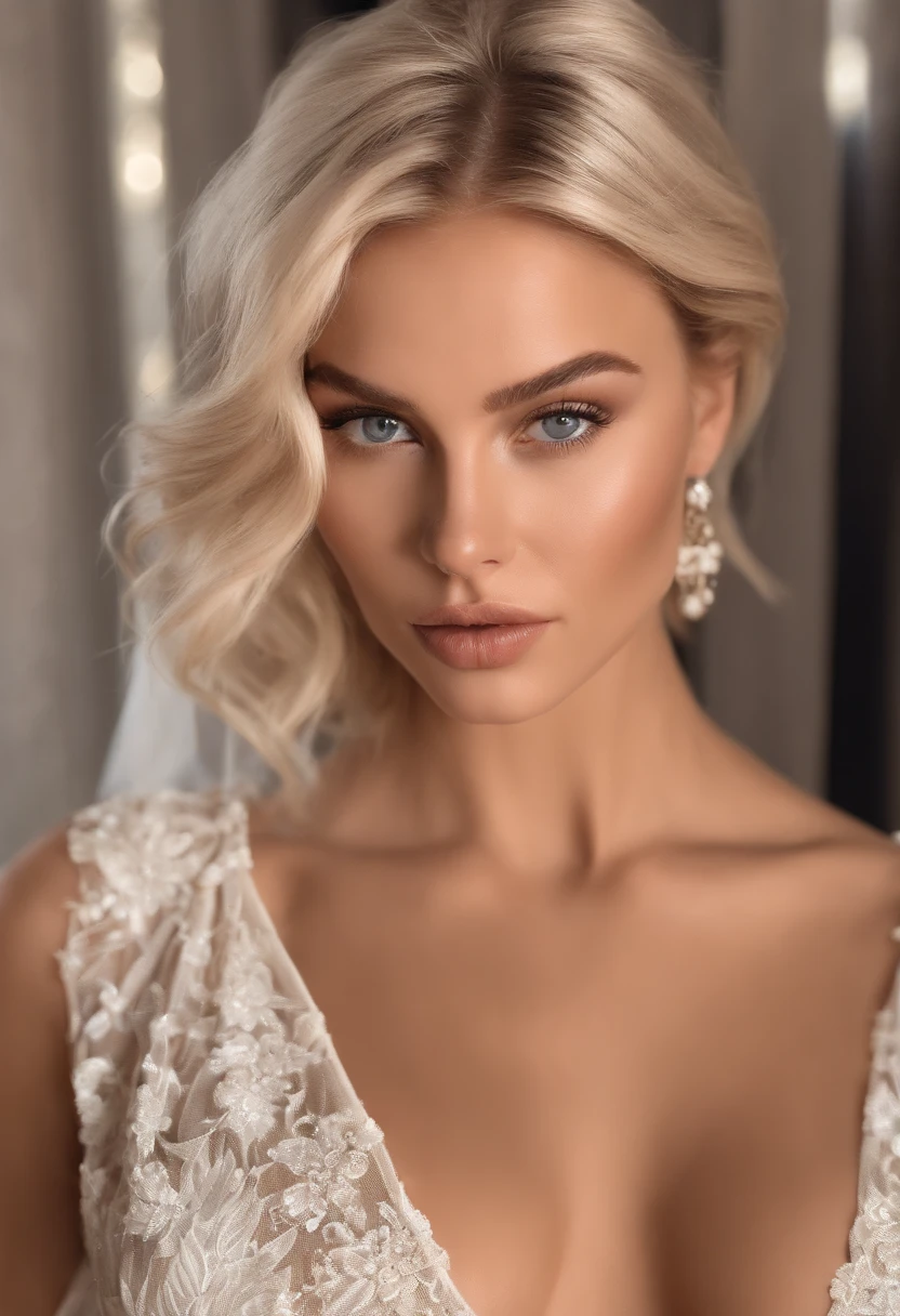 realistic white female Instagram influencer, Swedish, best quality, blond, 1 fille, yeux bleus, en robe courte moulante blanche
