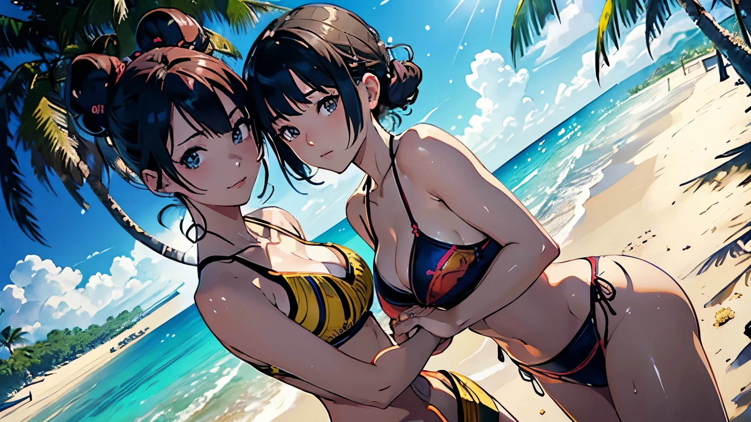 [ 4K digital art ]、((highest quality, masterpiece, High resolution))、((anime art))、 ((reality))、beautiful japanese woman、((two women))、18-year-old、((They are friends、hold hands))、(Detailed depiction of a beautiful face)、smile gently、small breasts、slim body shape、medium short hair、semi-long、bun hair、Wet see-through bikini、(Wrap your waist in fabric with bold ethnic patterns and plenty of primary colors.。.)、realistic skin、Wet、full body、No zoom、No close-ups、(Beautiful tropical beach landscape photography)、cinematic light、tropical、(flowers on the beach)、Against the background of palm trees、on a sunny beach、With the sea in the background、squall、rainbow、blur background、