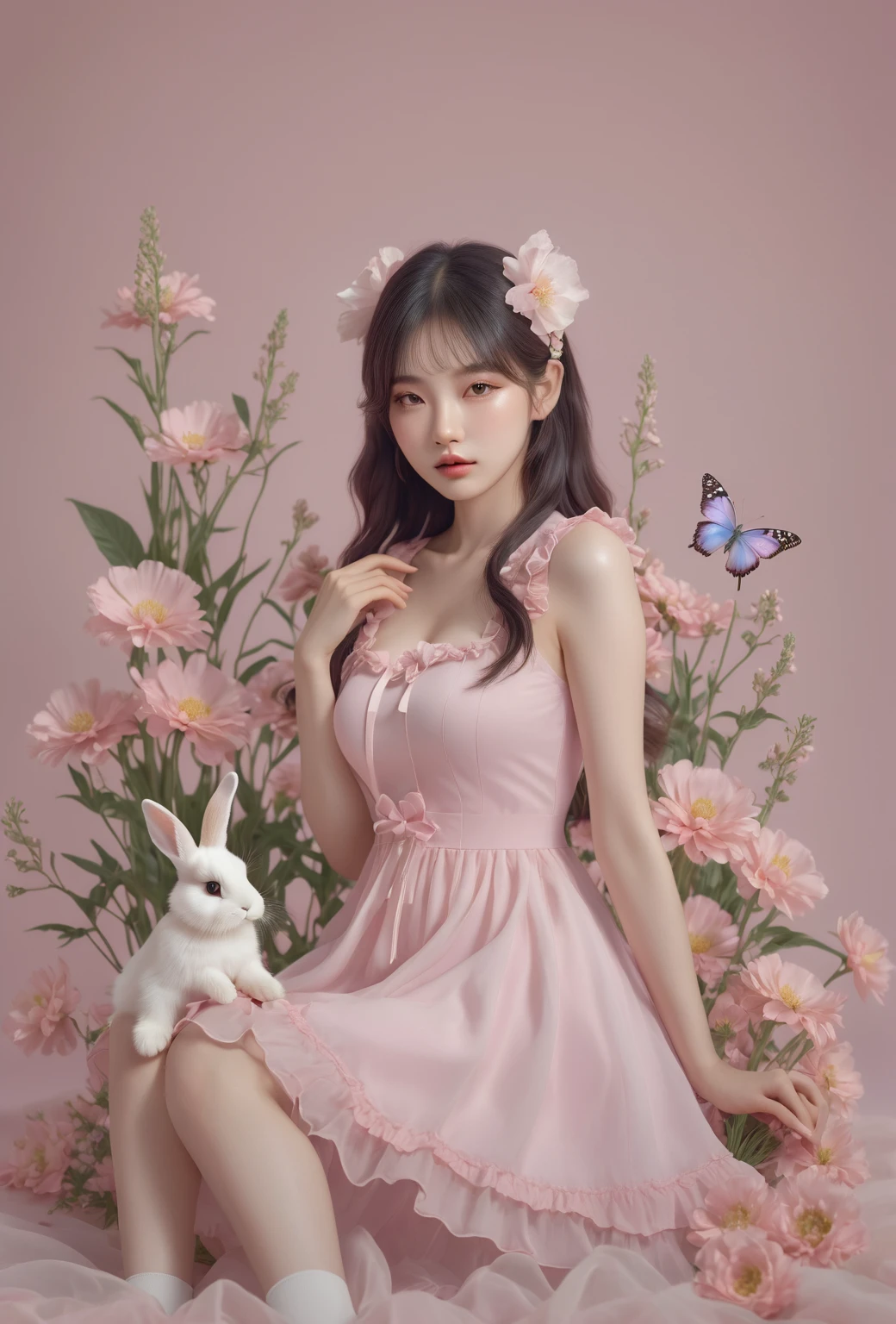 Arapé girl wearing a pink dress sitting in a flower field, ultrarealistic sweet bunny girl, 🌺 CG Society, fairy core, Guweizu, Exciting and cute aesthetics, Pink pastels, artwork in the style of Guweizu, bunny girl, Smooth animated illustrations,  dressed up, pastel pink, april&#39;rendering, Cute realistic portrait, natural fingers, Well-drawn fingers