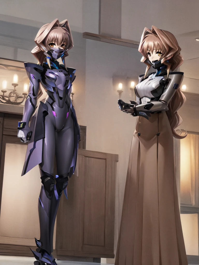 Jinguuji Marimo , (((highres official art))) , (((muv-luv alternative))) , (((1girl))) , brown hair , brown eyes , long hair , hair intakes , closed mouth , standing , looking at viewer , long sleeves , white shirt , military uniform , military black jacket , clenched hand , high-waist skirt , simple background