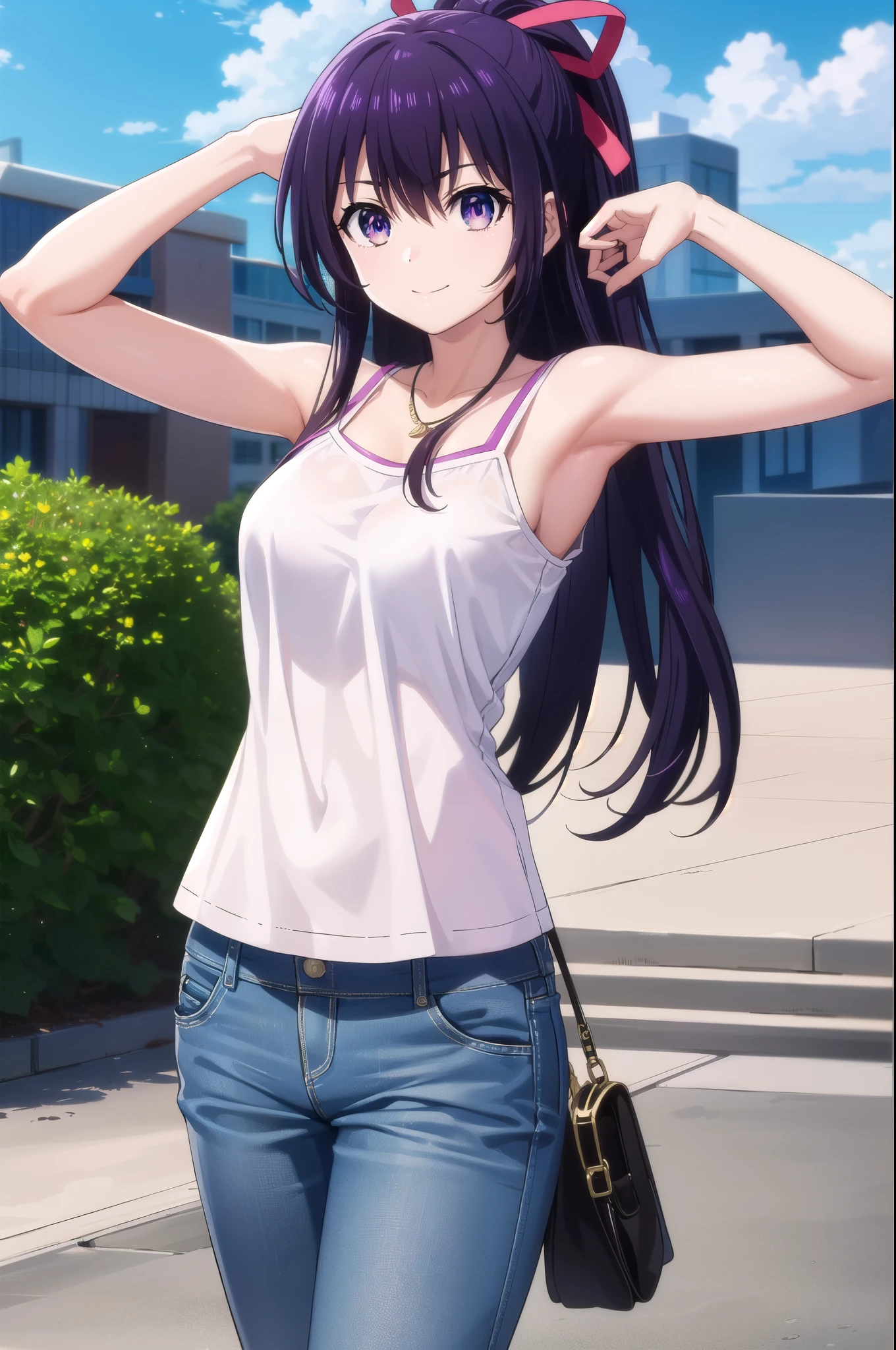 tohkayatogami, tohka yatogami casual, long hair, purple hair, alluringly smile, sleeveless top, soft pink top ,see through shirt, armpits , necklace, turtle neck, ribbon , (purple eyes:1.1), hair ribbon, ponytail, purple hair, white ribbon,g cup breasts, plump ass, short pants, white pants, hands on neck, living room,
BREAK ,
BREAK outdoors, city, people, crowd, sky, clouds, sun, blue sky,
BREAK looking at viewer, (cowboy shot:1.5),
BREAK (masterpiece:1.2), best quality, high resolution, unity 8k wallpaper, (illustration:0.8), (beautiful detailed eyes:1.6), extremely detailed face, perfect lighting, extremely detailed CG, (perfect hands, perfect anatomy),