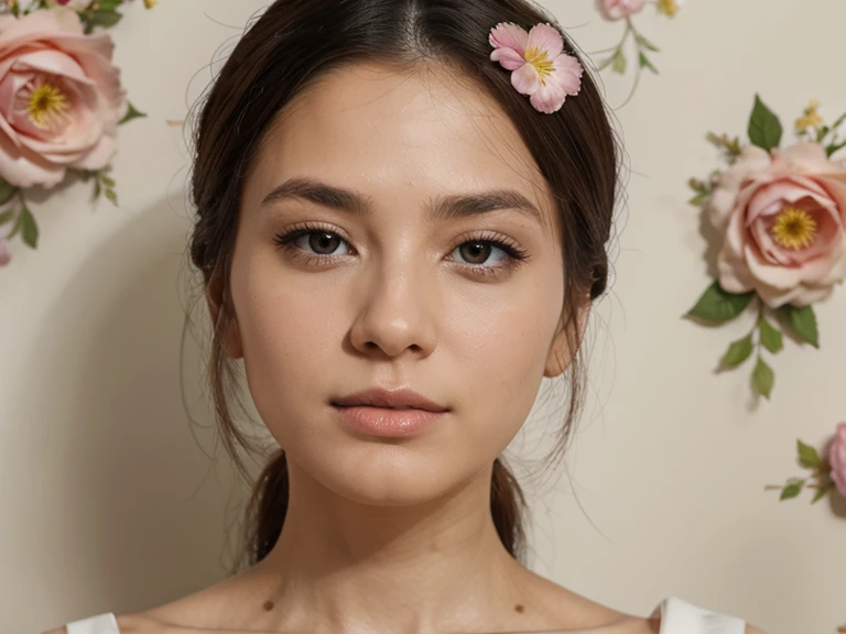 A woman with pink shirt and flower background, Popular Chinese makeup, Popular makeup, glowing porcelain skin, Dewy skin, woman with porcelain skin, beautiful aesthetic face, Asian face, Chinese face features, Glossy glossy skin, with round face, diffused natural skin glow, soft round face, chubby asian cheeks, asian face with chubby cheeks , porcelain highlighted skin ((best quality)), ((masterpiece)), (detailed), perfect face, close up photo, 8k picture, hyper realistic