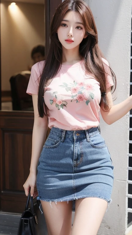 pink thin flower pattern T-shirt , Jeans skirt  , big breast , long hair