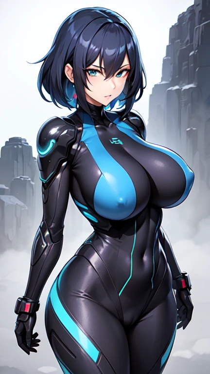 Milf, woman in a futuristic suit, highly detailed face, cool, mom, tomboy, very large breast, (Milf), mature face, (mature female), all nude, anime girl wearing tight suit, milfication, Elegant body, navel focus, naked body, gloves, earrings, legs armor, science fiction, female protagonist, standing, volumetric light, detailed lighting, detailed textures, oppai cyberpunk, biomechanical oppai, masterpiece, best quality eyes, sci-fi background, futuristic landscape