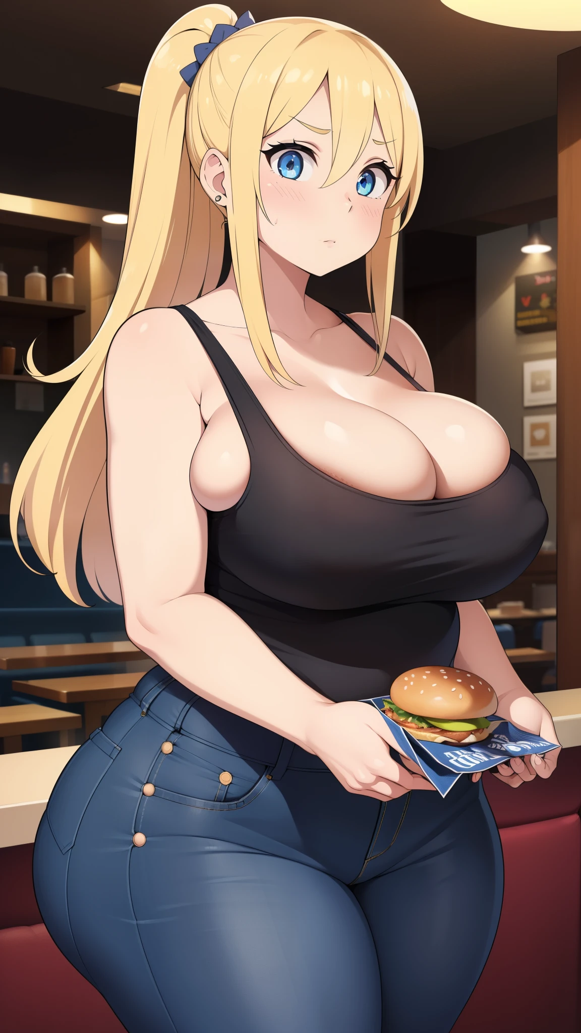((Masterpiece)), perfect , perfect shading, field of depth, (best quality), extremely delicate and beautiful, perfect lighting, detailed face, ultra cute face, cute, (1girl), (solo),

long fluffy blonde hair, blue eyes, ((blush)), nervous, looking at viewer, tank top, jeans, cleavage, , ((thick thighs)), (wide ), fat , chubby, 

intricate background, detailed background, fast food restaurant, standing, 
