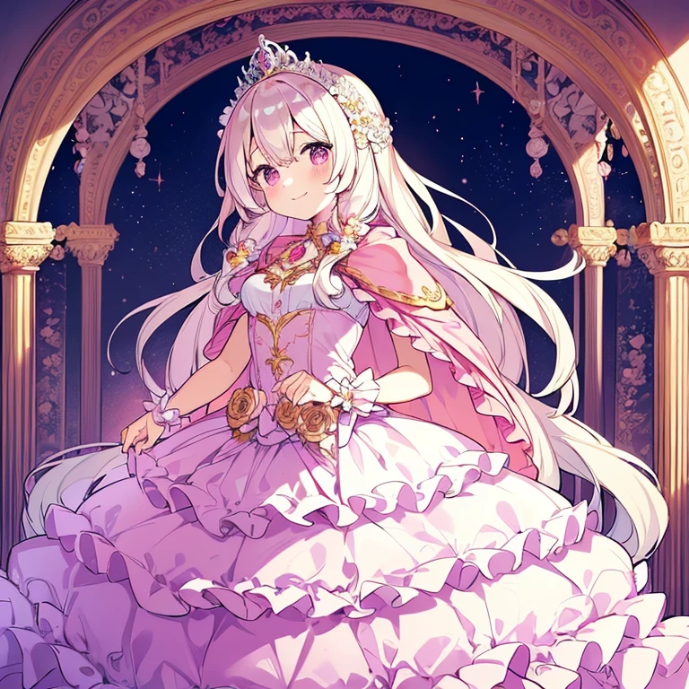 (kawaii),(best quality),(ultra detailed), upper body,(rococo style),(long train pastel pink cape:1.15), very long cape,(long train white ball gown with flower decorations), a girl is wearing a cape over her gown, 1 little princess, tiara, smile, small breasts, very long hair