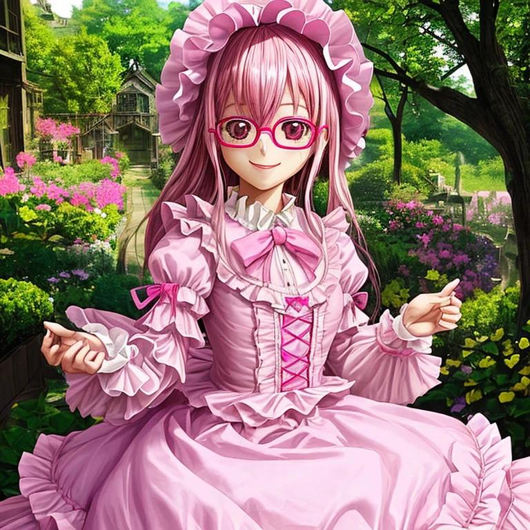 pink hair、glasses、Purple glowing eyes、(pink lolita dress)、(Pink bonnet)、daytime、outdoor、garden、smile at the camera、