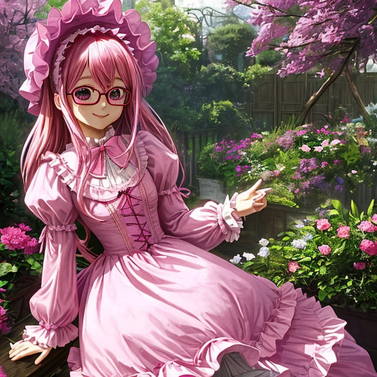 pink hair、glasses、Purple glowing eyes、(pink lolita dress)、(Pink bonnet)、daytime、outdoor、garden、smile at the camera、