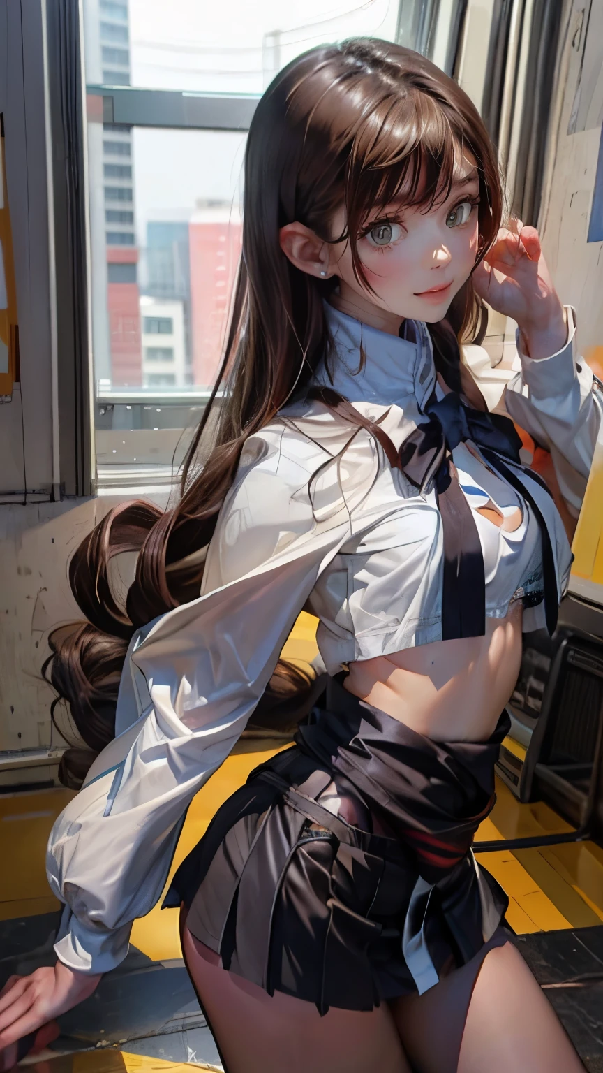 high school girl、uniform、white shirt、The shirt is wet and transparent、show off your cleavage、my nipples are erect、thin waist、small butt、mini skirt、white panties are visible、whole body、Fair skin、black hair、long hair、bangs、smiling、facing forward、smile、perfect proportions、perfect beauty、The cutest in the world、Two-dimensional beautiful girl、young woman、I