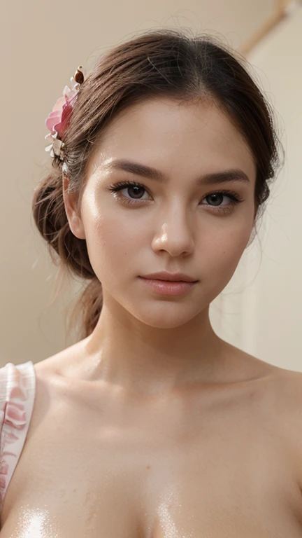 A woman with pink shirt and flower background, Popular Chinese makeup, Popular makeup, glowing porcelain skin, Dewy skin, woman with porcelain skin, beautiful aesthetic face, Asian face, Chinese face features, Glossy glossy skin, with round face, diffused natural skin glow, soft round face, chubby asian cheeks, asian face with chubby cheeks , porcelain highlighted skin ((best quality)), ((masterpiece)), (detailed), perfect face, close up photo, 8k picture, hyper realistic