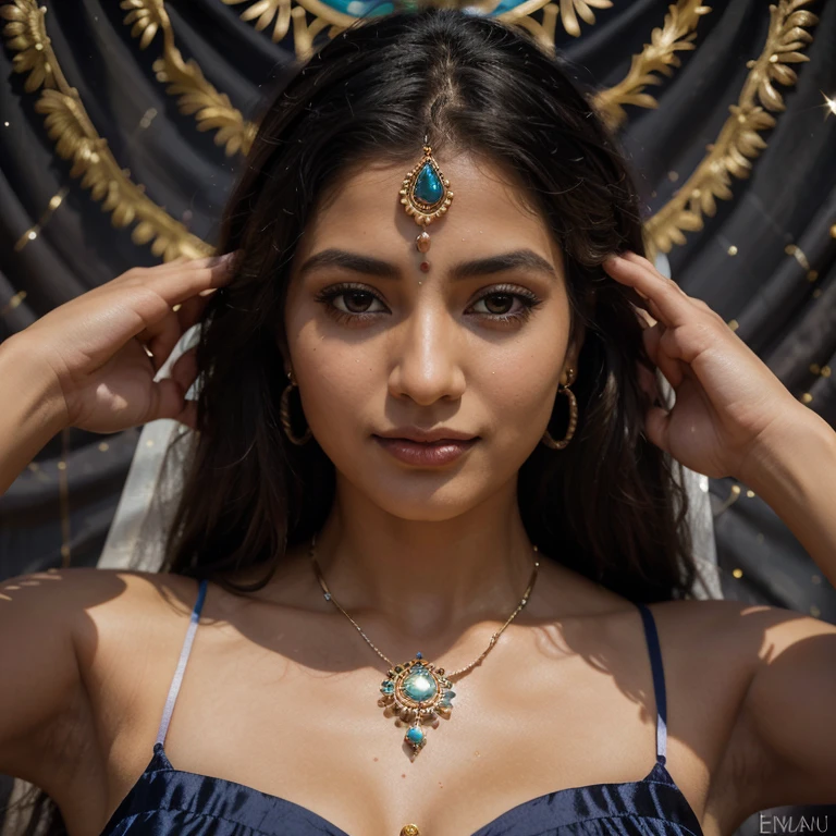 "Within the vibrant tapestry of colors, there emerges a vision of ethereal beauty, adorned with the mark of tradition and grace. a radiant symbol of wisdom and spirituality, drawing the eye to the center of her being. Her features, sculpted by the hands of artisans, reflect the rich heritage of India, while her eyes, like pools of obsidian, hold the stories of generations past and the dreams of generations yet to come. Cascading locks of midnight silk frame her face, adorned with jewels that shimmer like stars in the night sky. In her presence, one finds a harmonious blend of tradition and modernity, a timeless homage to the beauty of the Indian woman having beautiful breast, wide angle hot figure size 38-24-36