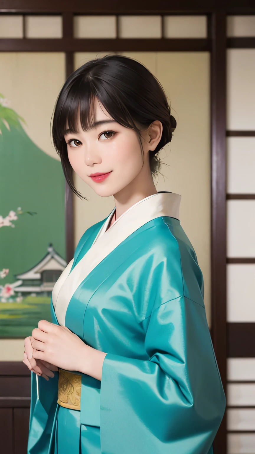 198 (snapdd00-Fp16), Japanese painting, woman, gentle smile, lipstick, short hair, Paintings by Shoen Uemura, Japanese style room, japanese architecture, Japanese garden