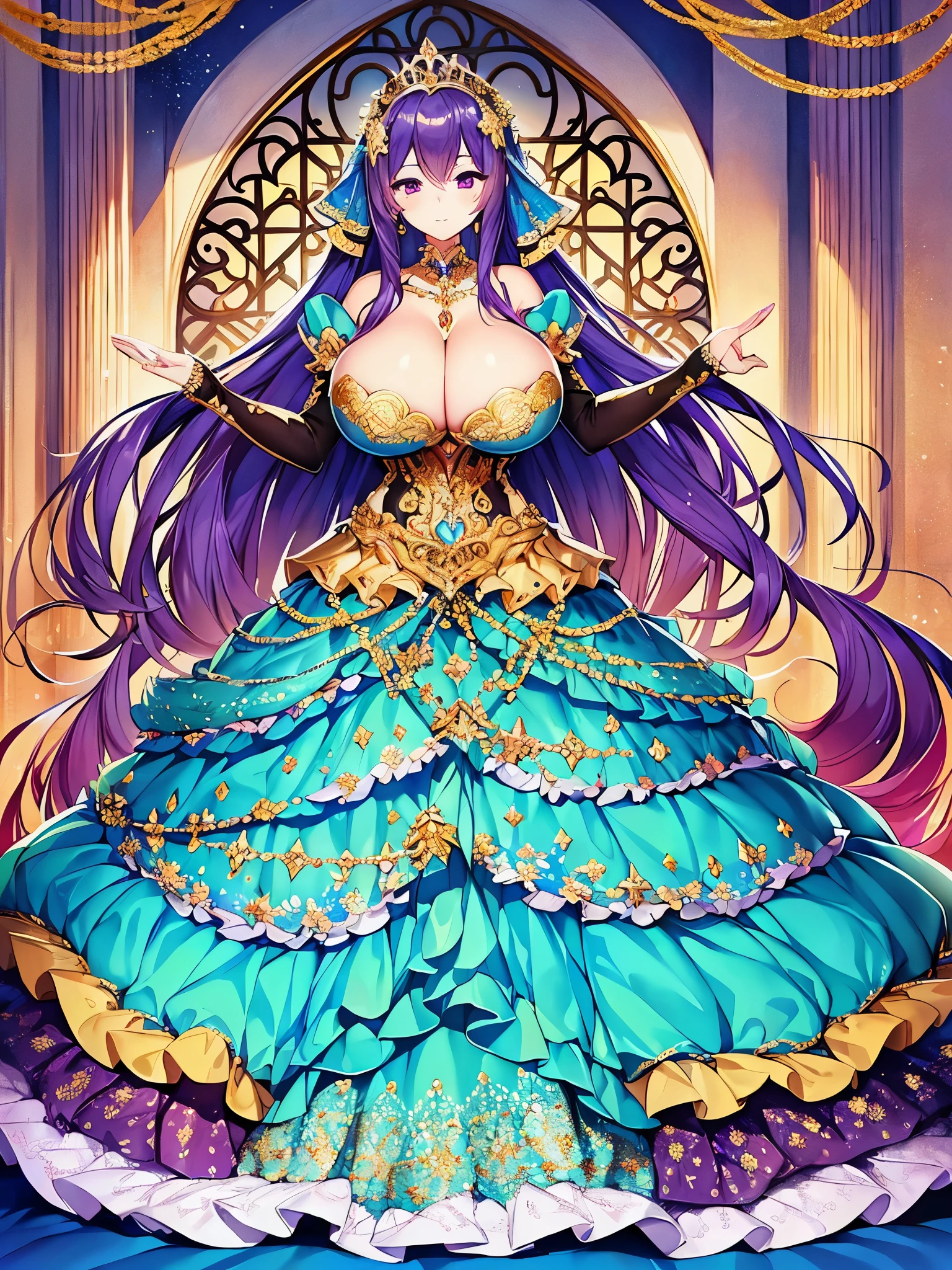 ((anime artstyle)),(Masterpiece),(Best Quality), (Super Detail),(((Very Delicate and Beautiful))),Solo,full body,((full body portrait)),((1 bling-bling gorgeous princess in beautiful embroidery and bling-bling jeweled gorgeous rococo ballgown)),((((absurdly gigantic tits)))),(((cleavage,curvy))),Skindentation,detailed face and eyes,jewel-like eyes,((castle,outdoor)),((crinoline,long train)),gorgeous princess rococo ballgown with voluminous full length hoop skirt and long train,(((bling-bling gorgeous rococo ballgown with beautiful embroidery and bling-bling jeweled))),((large amount of straight hair, absurdly long hair,Very Long Straight Hair)),extremely gorgeousfull hair ornament,(bling-bling extremely gorgeousfull jeweled tiara),luxurious jewelry,full body,((beautiful embroidery and jeweled bling-bling gorgeous rococo ballgown))