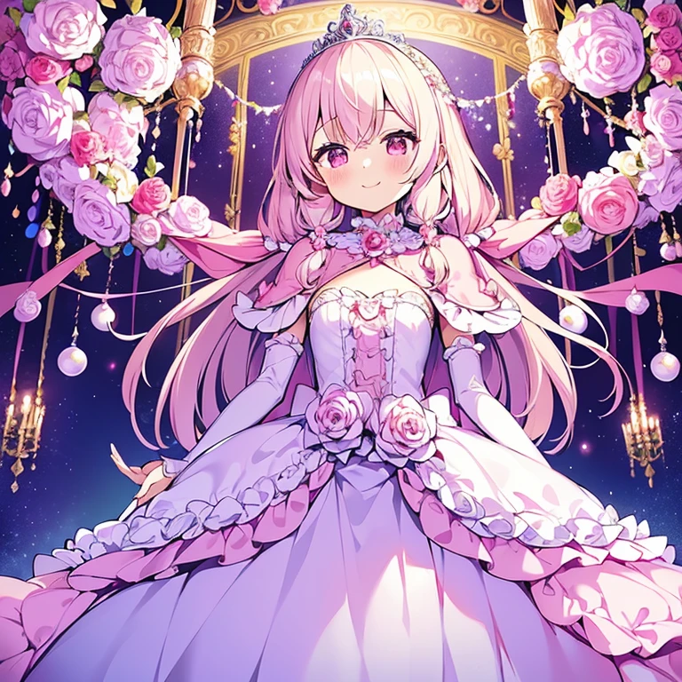 (kawaii),(best quality),(ultra detailed), upper body,(rococo style),(long train pastel pink cape:1.15), very long cape,(long train white ball gown with flower decorations), a girl is wearing a cape over her gown, 1 little princess, tiara, smile, small breasts, very long hair