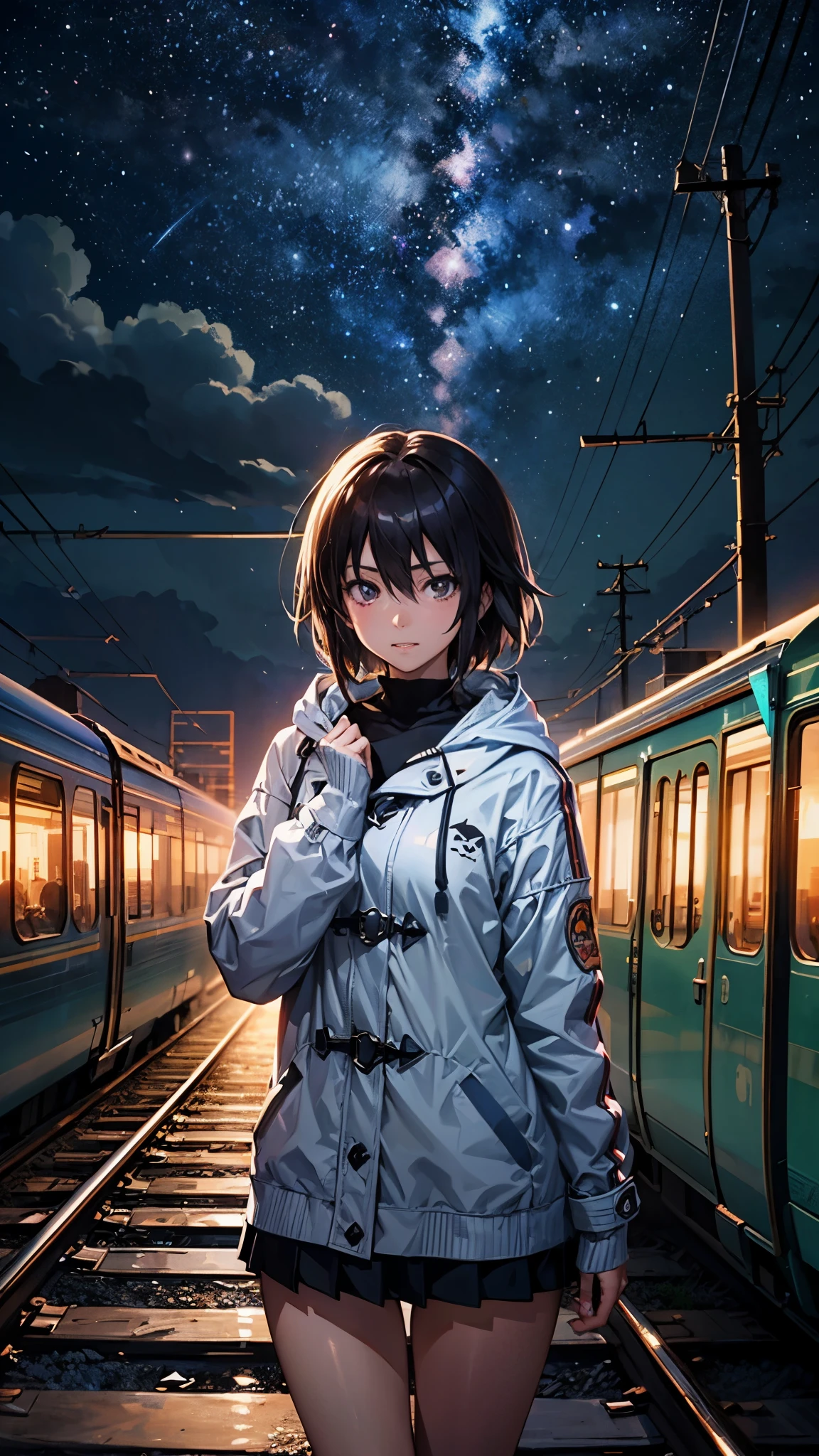 high high quality， tmasterpiece ，1 girl,ssmile,(Wearing mini skirt:1.2),cabelos preto e longo hooded long coat with trim，scenecy，Train passes through body of water on railroad tracks， Sparkling starry sky。Romantic train，pixiv，concept-art，Lopfe art style， lofi art, beautiful anime scenes, Anime landscapes, Detailed view – width 672, Makoto Shinkai's style, Makoto Shinkai's style，Detail Enhancement。