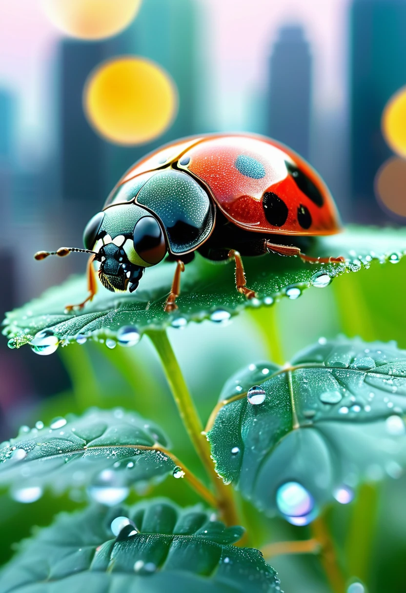 Selfie capturing a serene ladybug with its waterdrop-like reflective surface perched on a texturally rich leaf, nestled amidst an enchanted city skyline that seamlessly merges with a natural landscape through ultra-realistic double exposure, iridescent scales of glittering hatchlings adding to the brilliance of the twinkling meadow, all encapsulated within a fisheye lens effect for exaggerated perspective, soft lighting, vibr