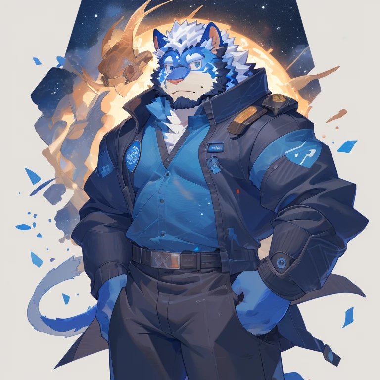 Furry, astronauta, outer space, patas, olhos azuis, cor do pelo azul, roupa cinza com uma marca de pata, gato.