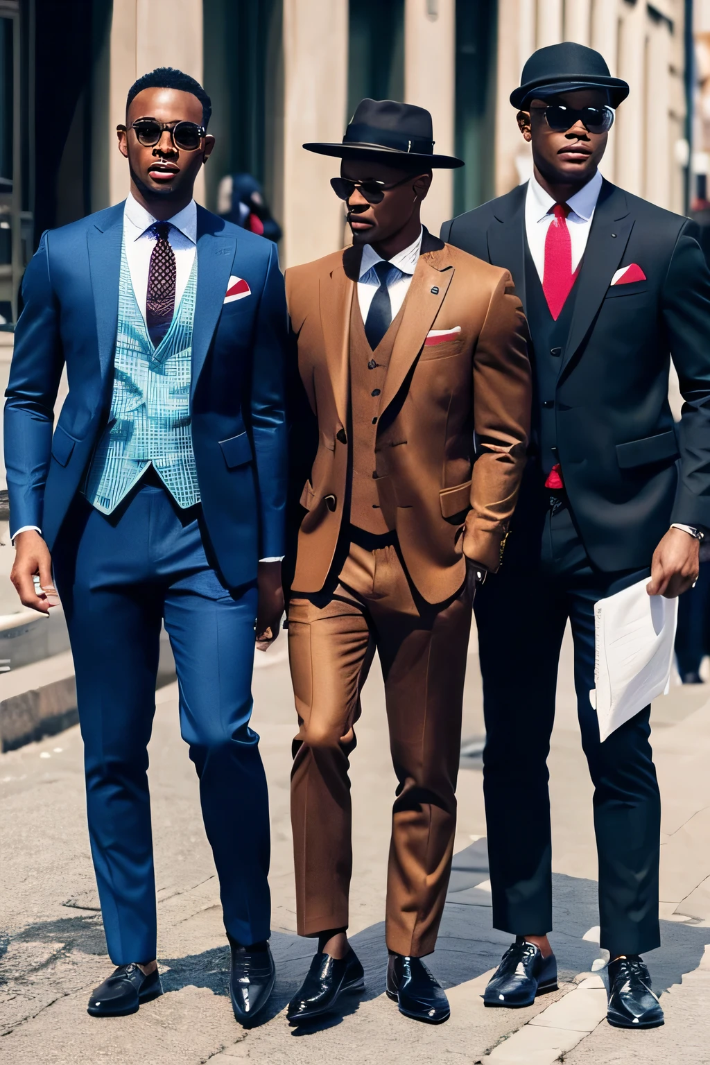 black people　4 people　Color Suits　Gentleman&#39;s clothing　walk　city　fine　bright　