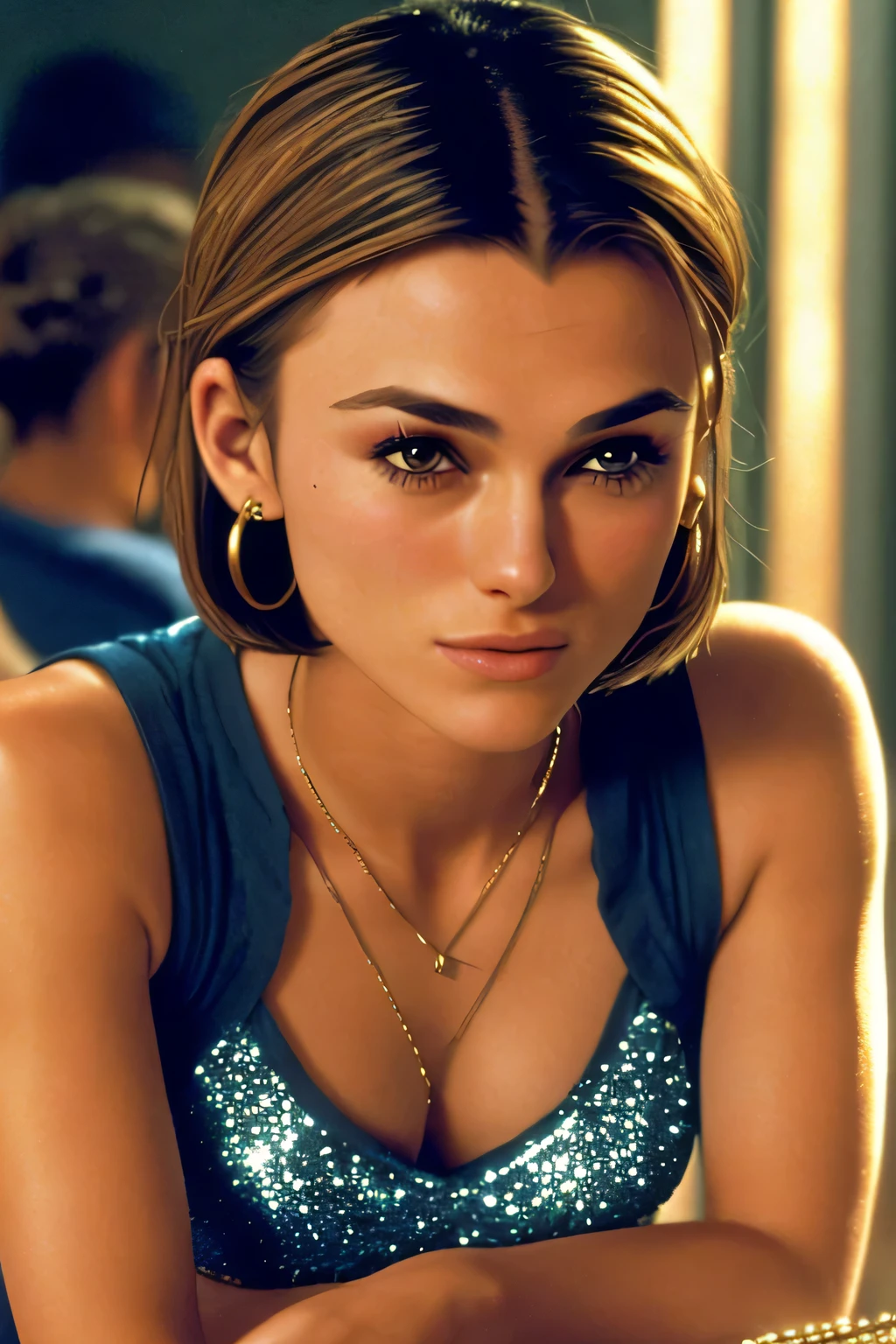 Keira Knightley, a close up of a person sitting in a room, ((18yo.)), ((late :1.4)) inspired by Winona Nelson, high fidelity face, (Keira Knightley:1.3) tall toyng woman dancing in a night club, wearing sparkling glittery sequin loose top,(scene from a movie "Bend It Like Beckham":1.6), image of character from "Bend It Like Beckham", 1999, (short inverted bob haircut;1.4),
