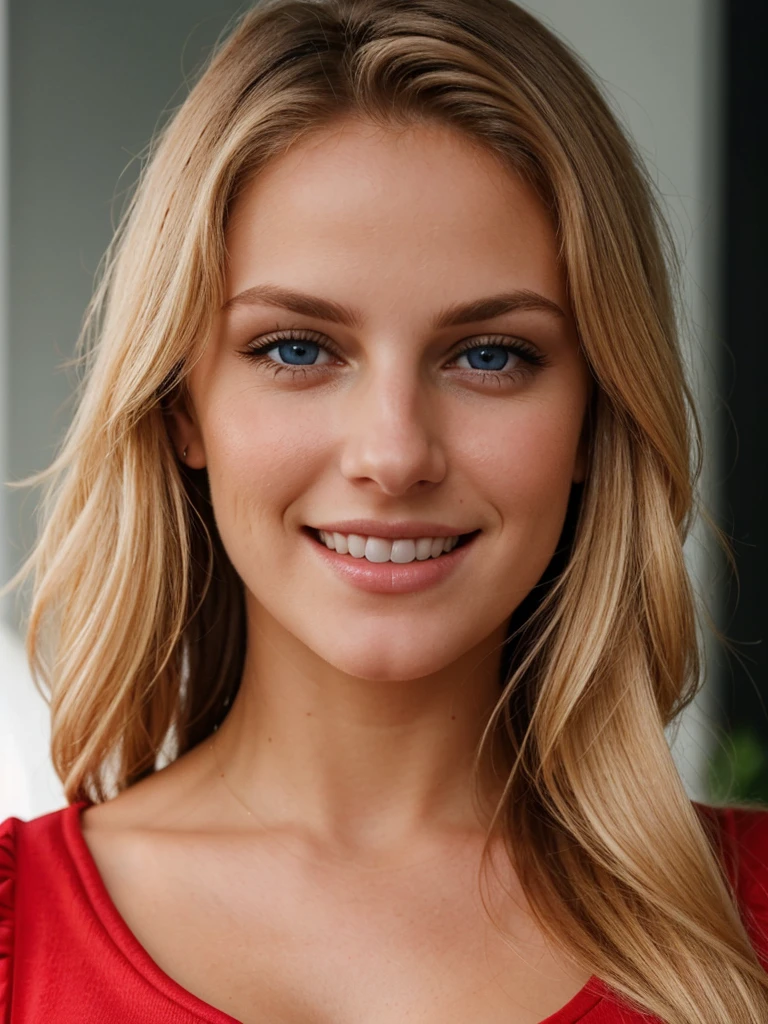 a closeup dark full body shot photo of a blonde with perfect eyes, smile, wearing red top full photo standing, colours on face and body, waking up images