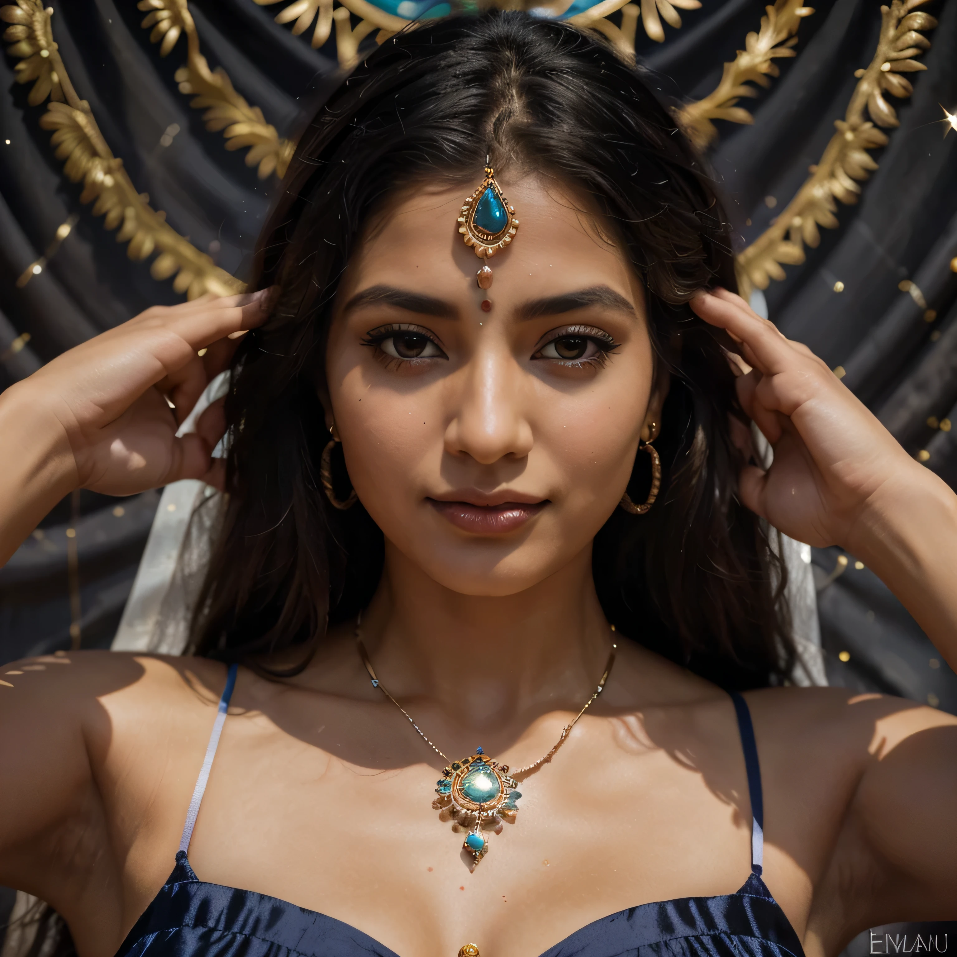 "Within the vibrant tapestry of colors, there emerges a vision of ethereal beauty, adorned with the mark of tradition and grace. a radiant symbol of wisdom and spirituality, drawing the eye to the center of her being. Her features, sculpted by the hands of artisans, reflect the rich heritage of India, while her eyes, like pools of obsidian, hold the stories of generations past and the dreams of generations yet to come. Cascading locks of midnight silk frame her face, adorned with jewels that shimmer like stars in the night sky. In her presence, one finds a harmonious blend of tradition and modernity, a timeless homage to the beauty of the Indian woman having beautiful breast, wide angle hot figure size 38-24-36