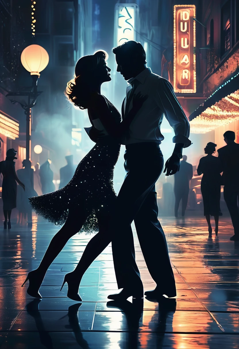 Nighttime Hollywood glamour with silhouettes of a couple dancing in the shadows captured in ultra-glamorous detail, street lights casting ambient glows, emphasis on sharp focus, LED lights contribute to the scene's allure, subtle smoke and sparks suggest a pulse of energy akin to a motherboard's complexity, inspired by Pascal Blanche and Rutkowski Repin ArtStation hyperrealism, matte painting techniques blend into the concept art for detailed