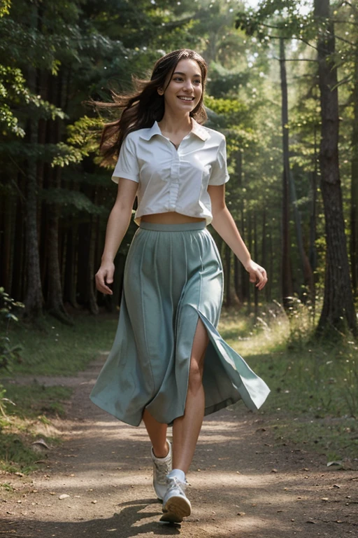 High resolution, (official art, Beautiful and beautiful: 1.2), close shot, wide world, girl, running, refreshing smile, long skirt, distant horizon, forest, natural beauty, inspiration, Light effect