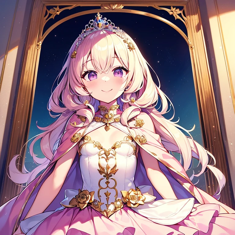 (kawaii),(best quality),(ultra detailed), upper body,(rococo style),(long train pastel pink cape:1.15), very long cape,(long train white ball gown with flower decorations), a girl is wearing a cape over her gown, 1 little princess, tiara, smile, small breasts, very long hair