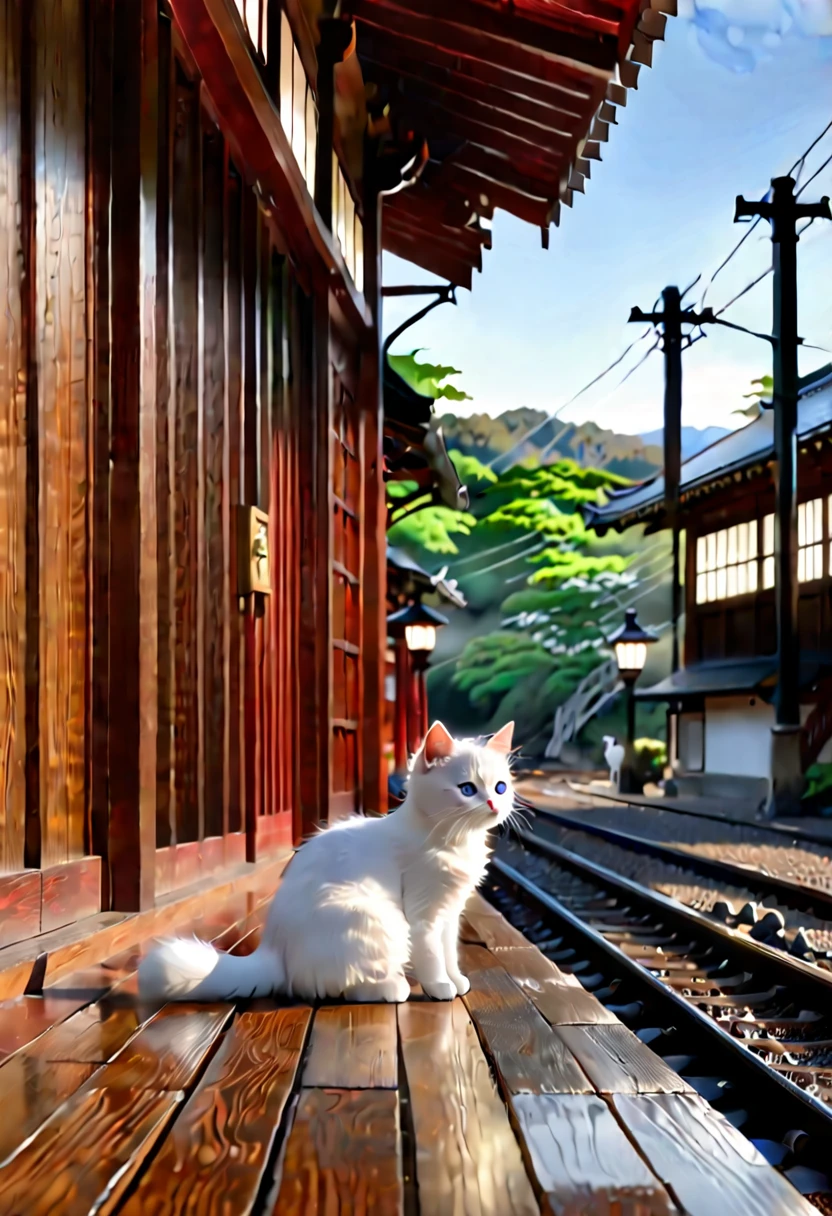 (8K、Raw photo、highest quality、look up:1.2、masterpiece:1.2、genuineistic、ultra high resolution、high contrast、photon mapping、genuine、Super detailed、official art, Raw photo、professional lighting、 light、Vivid atmosphere、twicelight) This scene is、It depicts an old wooden train station in the countryside exposed to the morning sun in spring.。The station building seems to have been forgotten, giving a sense of nostalgia.、There is silence and calm。 On the station platform、There is a girl and a white kitten。The white kitten sits under the door with the clock、Watching over the station premises。This scene is、Reminiscent of a rural Japanese town、The atmosphere is tranquil, as if it were located near a Japanese shrine.。 The girl&#39;s expression is young.々work、Delicate、I am embarking on a new journey amidst a station building and scenery that remind me of nostalgic memories.。A white kitten watches over the premises like a stationmaster.、It seems like they are celebrating the girl&#39;s departure to a new stage.。 This scene is、The beautiful scenery and tranquil atmosphere of the Japanese countryside are combined.、It will give the viewer a sense of comfort and warmth.