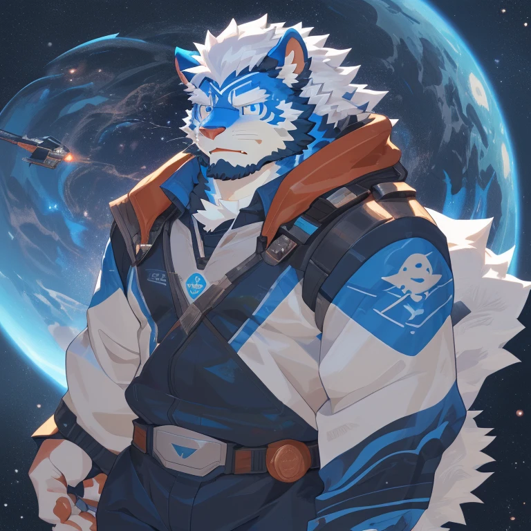 Furry, astronauta, outer space, patas, olhos azuis, cor do pelo azul, roupa cinza com uma marca de pata, gato.