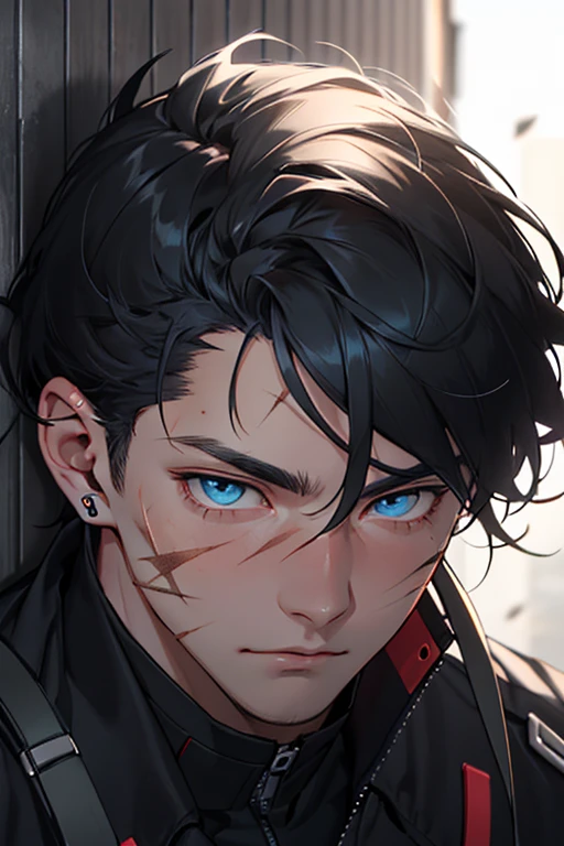 Boy man with black hair military cut blue eyes warm skin hearing aids with very marked dark circles scar on cheek tired